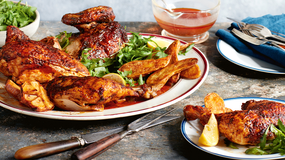 Spiced chicken with roasted garlic and potatoes