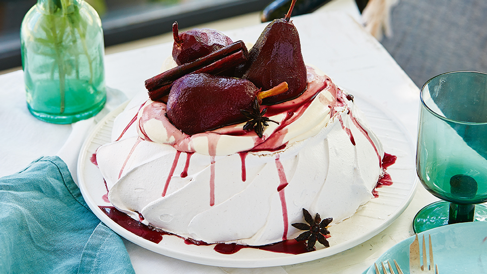 Spiced pavlova with poached pears