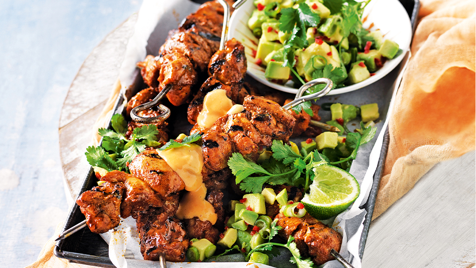 Spicy chicken skewers with avocado salsa