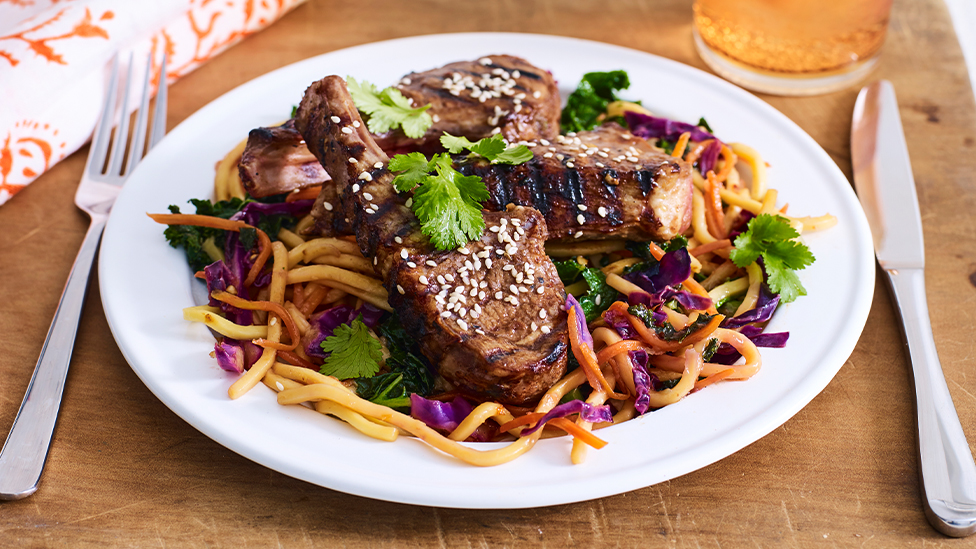 Spicy plum lamb cutlets with speedy noodle stir-fry