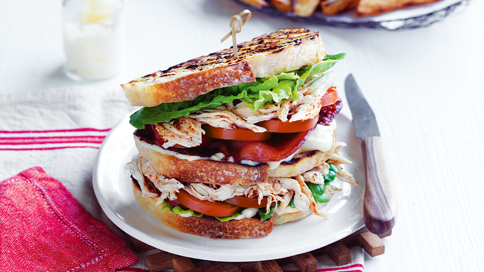 Spicy pulled chicken club sandwiches