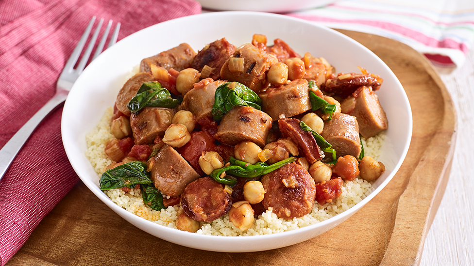 Spinach, sausage and chickpea hotpot