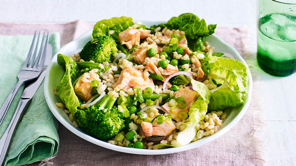 Spring pearl barley salad with ginger-poached salmon