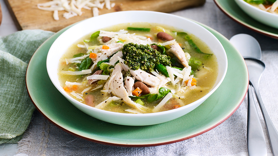 Spring vegetable and chicken broth