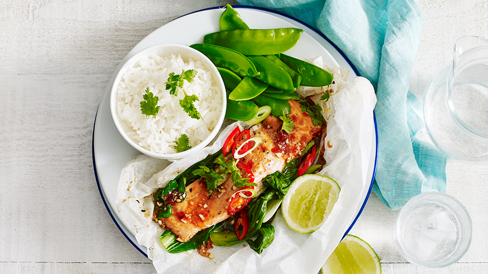 Steamed fish parcel with jasmine rice and snow peas