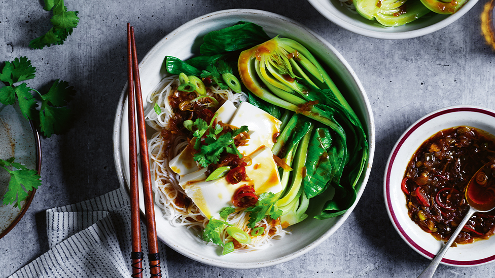 Steamed tofu and pak choy noodles