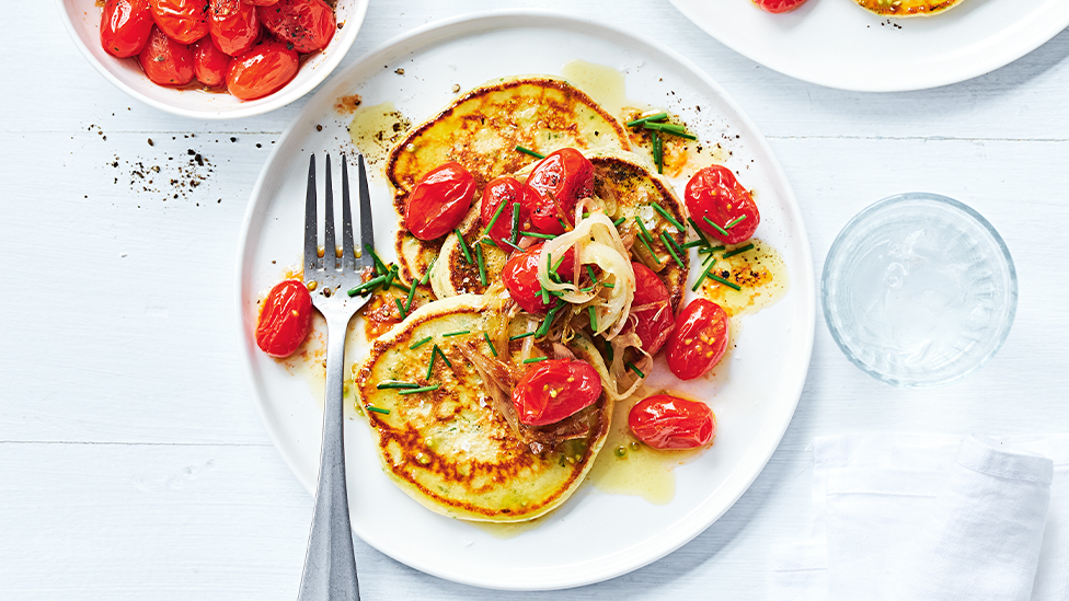 Stephanie Alexander's Herbed buttermilk pancakes with 'burst' tomatoes