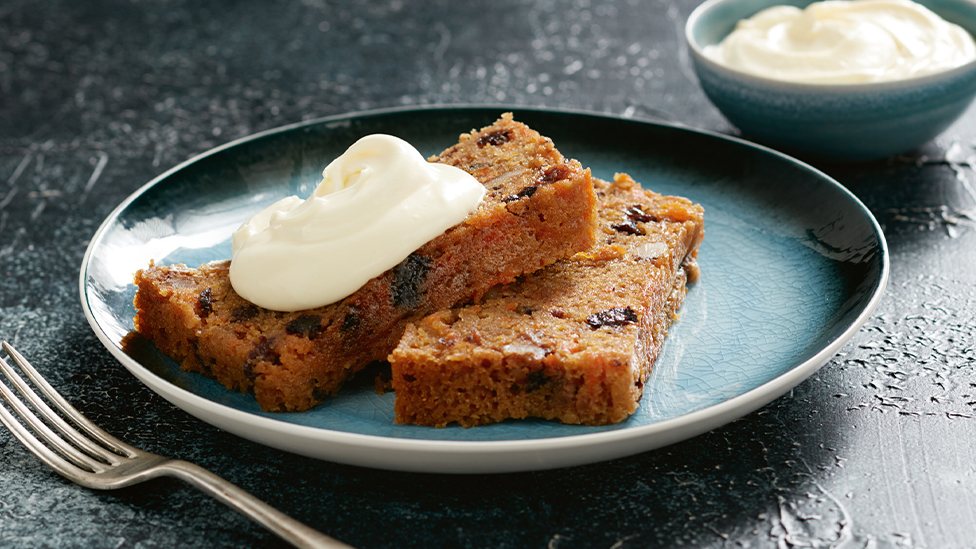 Sticky orange carrot cake pudding with mascarpone cream