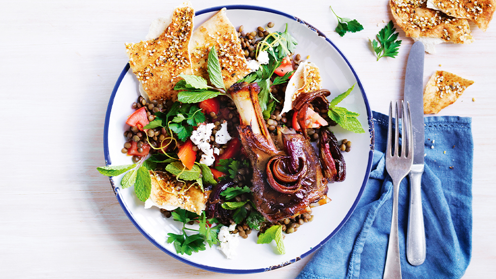 Sticky persian lamb shanks with lentil salad