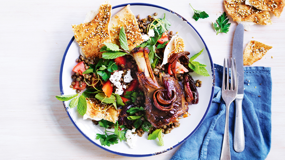 Sticky persian lamb shanks with lentil salad