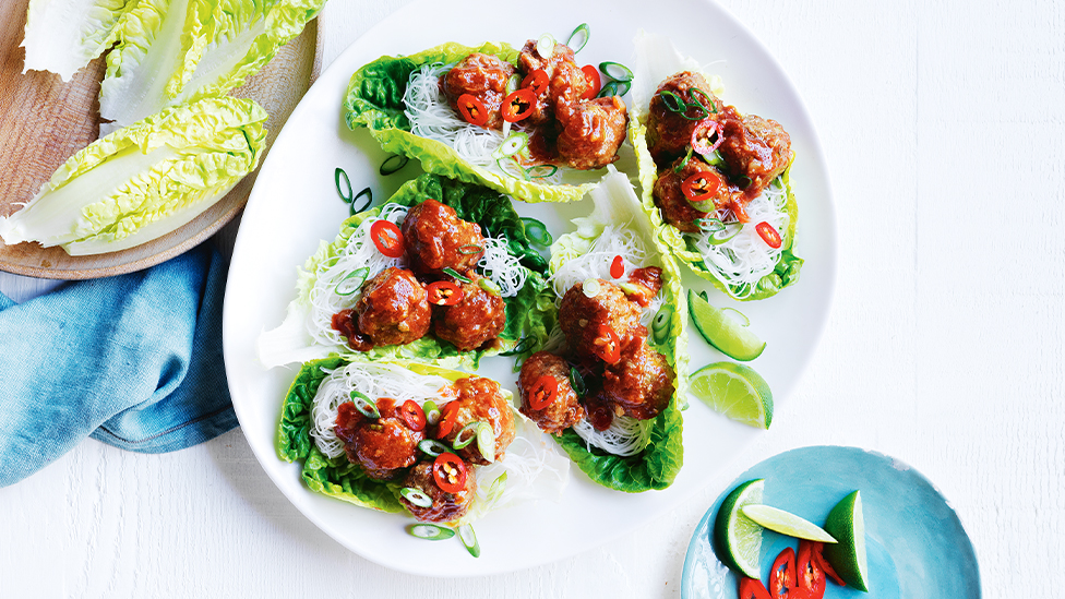 Sticky plum meatball lettuce cups