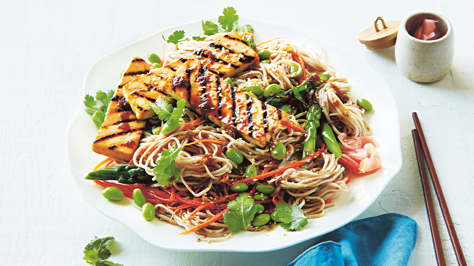 Sticky teriyaki tofu with soba noodle salad