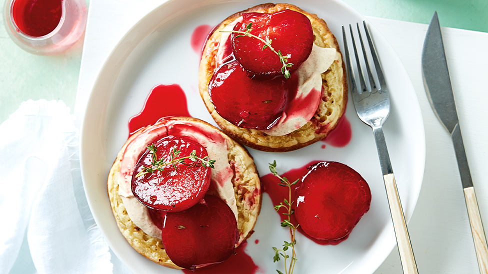 Sticky thyme plums with crumpets