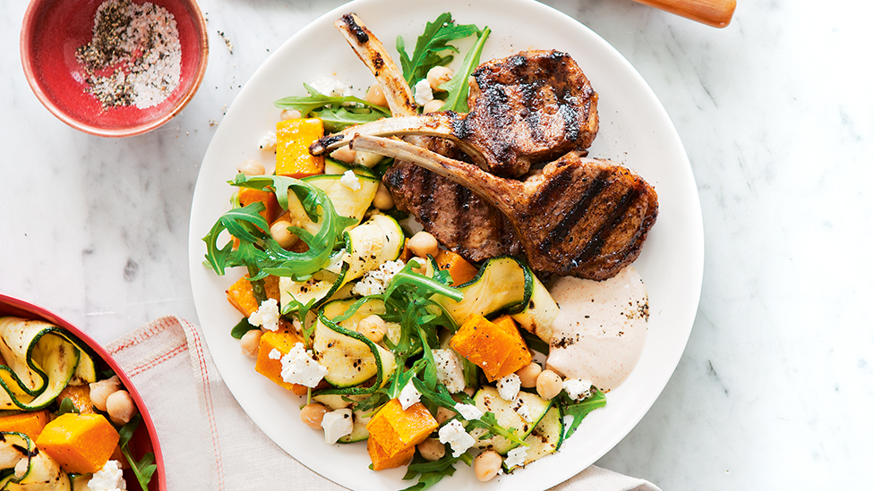 Sumac lamb cutlets with broad bean and pumpkin