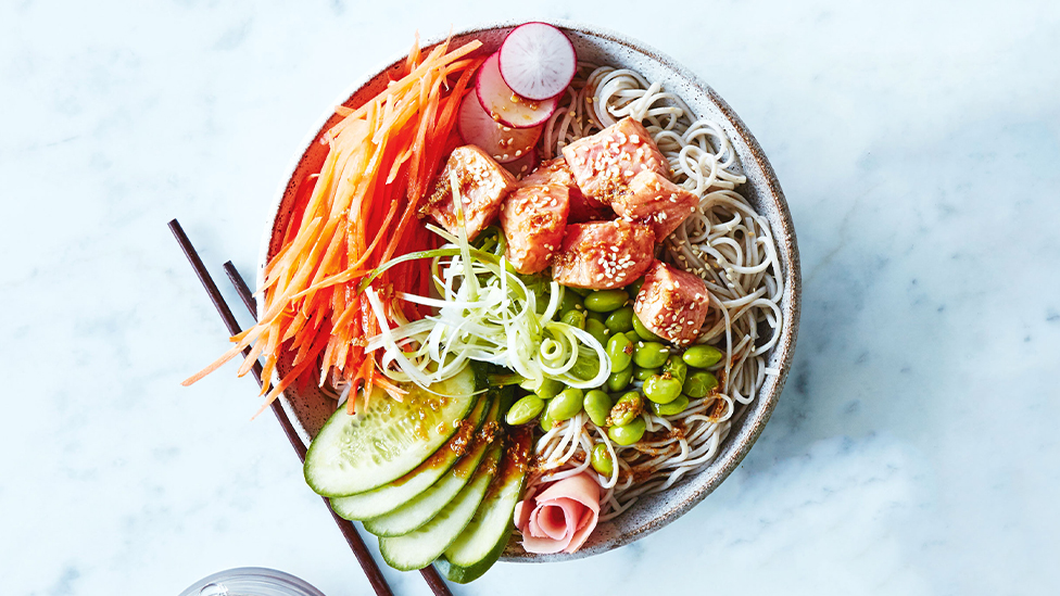 Sushi salmon noodle bowl