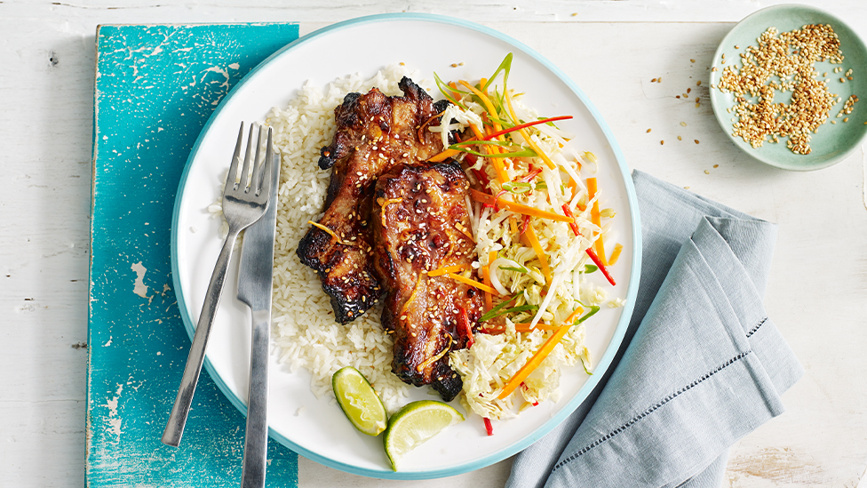 Sweet chilli and ginger glazed pork ribs with Asian slaw