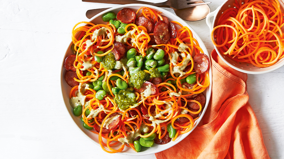 Sweet potato noodles with chorizo and pesto