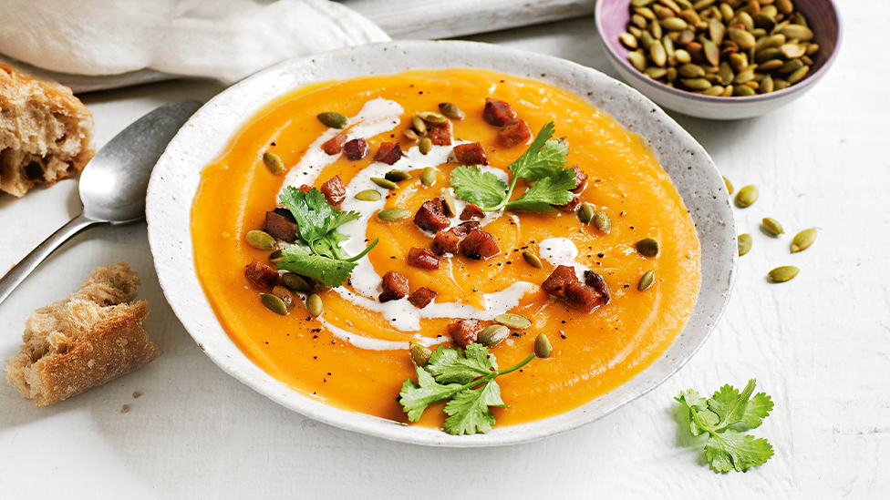 Sweet potato soup with chorizo croutons