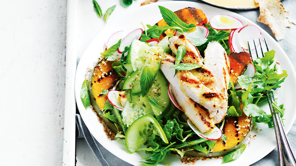 Tahini chicken, pumpkin, radish and mint salad