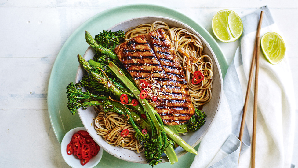 Teriyaki barramundi with bbq greens and soba noodles