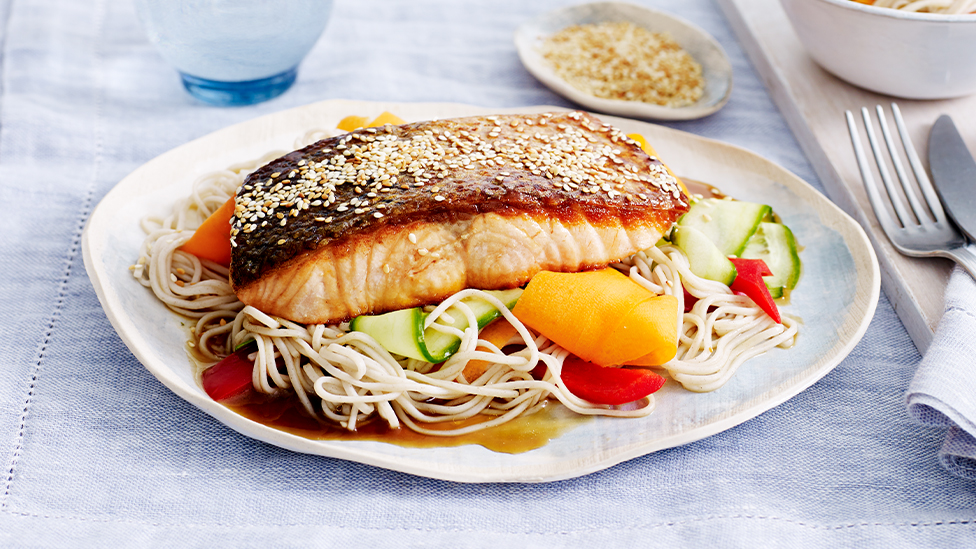 Teriyaki salmon on soba noodle salad