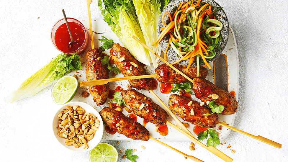 Thai-style chicken skewers with pickled cucumber salad