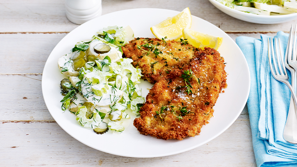 Thyme beef schnitzels with buttermilk potato salad