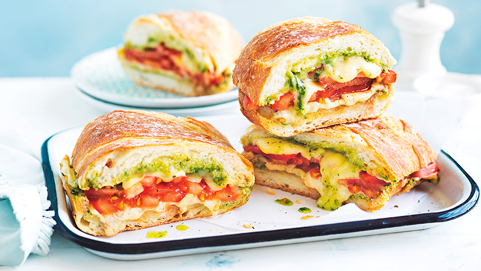 toasted cheese, basil and tomato sandwich