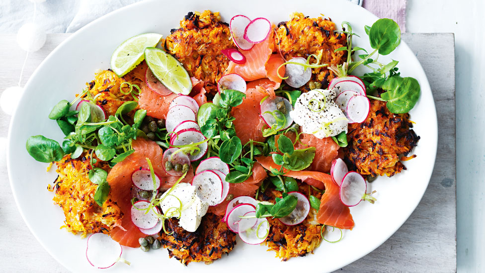 Veggie rosti with smoked trout