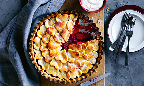 Apple, raspberry and rhubarb pie
