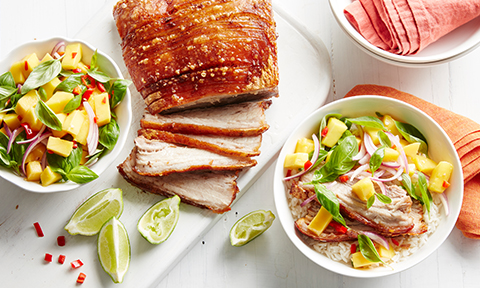 Barbecued cinnamon and ginger pork with mango chilli salsa