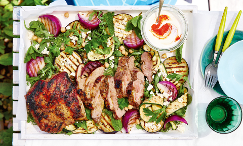 BBQ lamb with zucchini and eggplant salad