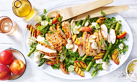 BBQ nectarine, chicken and asparagus salad