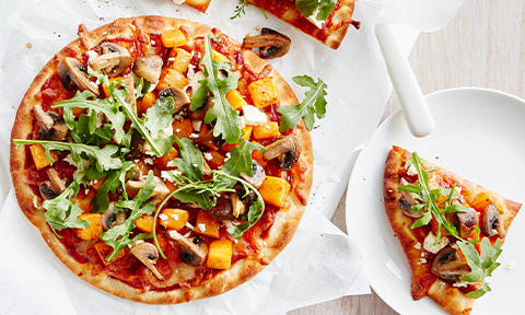 Caramelised pumpkin and mushroom pizza