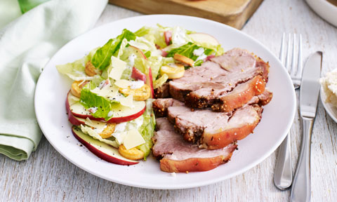Caraway and mustard roast pork with apple caesar salad