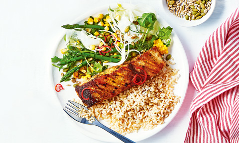 Chargrilled barramundi with asparagus salad