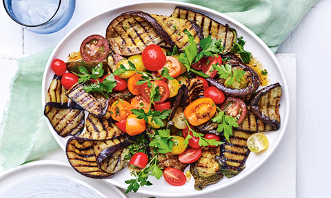 Chargrilled eggplant and tomato salad