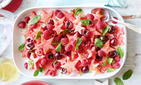 Cherry and watermelon salad with lime and mint syrup