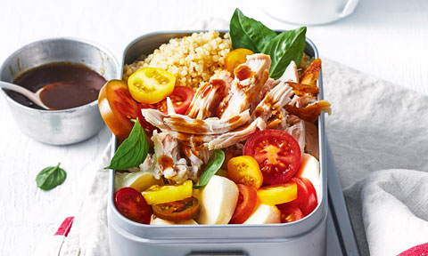 Chicken and bocconcini quinoa salad in a metal lunch box