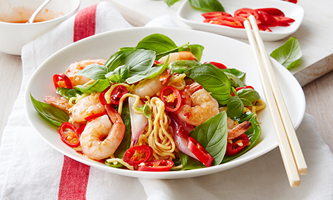 Chilli basil prawn stir-fry with noodles