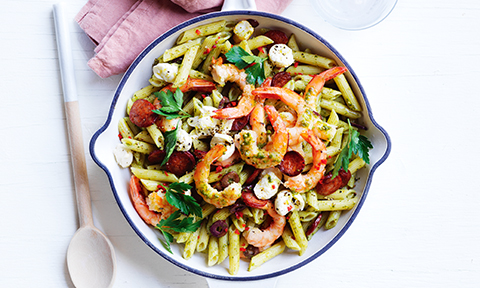 Chorizo, prawn and pesto penne