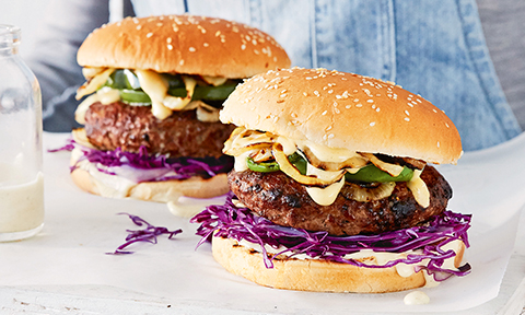 Curtis Stone's BBQ lamb burgers with charred onion and capsicum