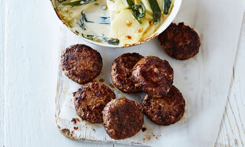 Curtis Stone's beef rissoles with potato-spring onion gratin