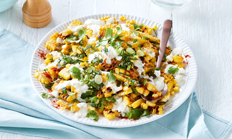 Curtis Stone's Charred corn salad with fetta-coriander crema