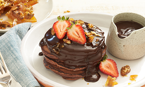Double-choc pancakes with candied walnuts