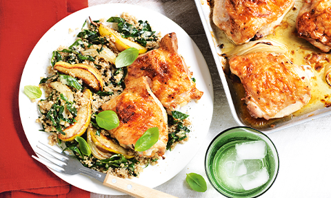 Garlic roasted chicken with pear and quinoa