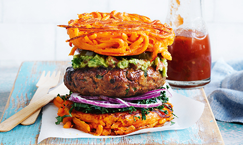 Guacamole burger in a sweet potato noodle bun