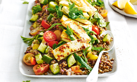 Haloumi and spiced lentil veggie salad