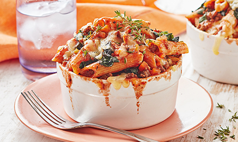 Individual bolognese and silverbeet pasta bakes