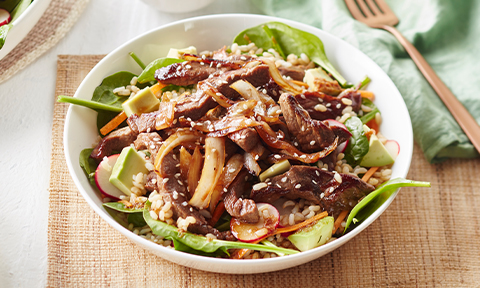 Japanese beef and brown rice salad with ginger soy dressing